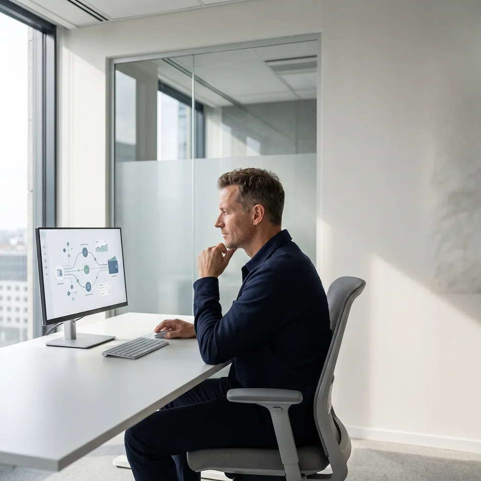A specialist reviewing transaction pathways on an office monitor